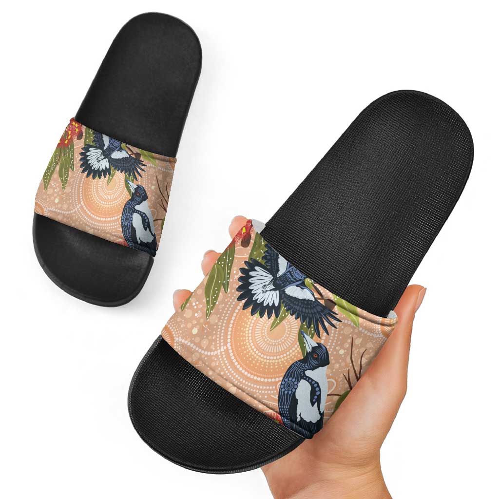 Magpies On Eucalyptus Australia Aboriginal Slide Sandals - Aussie Hoodie