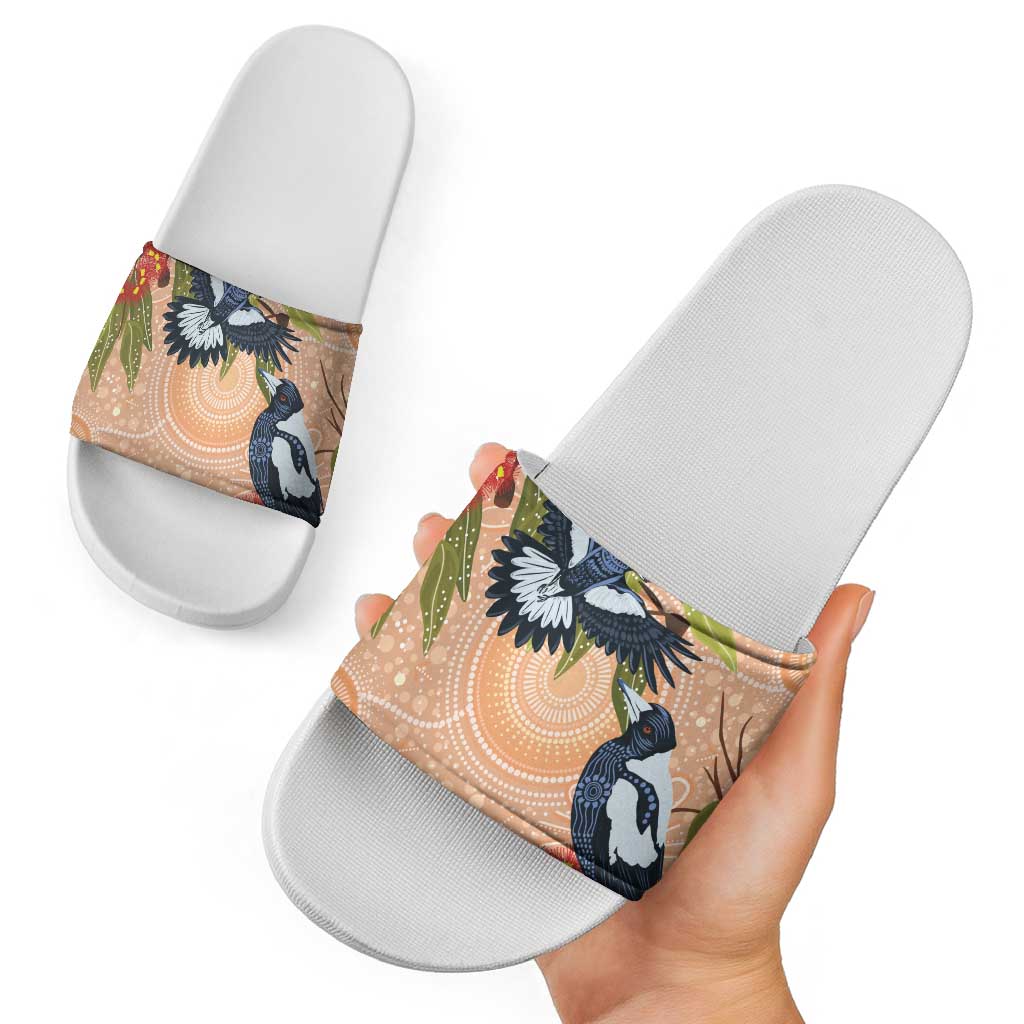 Magpies On Eucalyptus Australia Aboriginal Slide Sandals - Aussie Hoodie