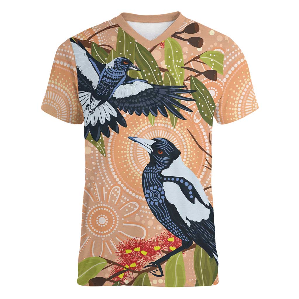 Magpies On Eucalyptus Australia Aboriginal Women V-Neck T-Shirt - Aussie Hoodie