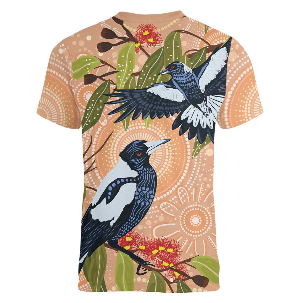 Magpies On Eucalyptus Australia Aboriginal Women V-Neck T-Shirt - Aussie Hoodie