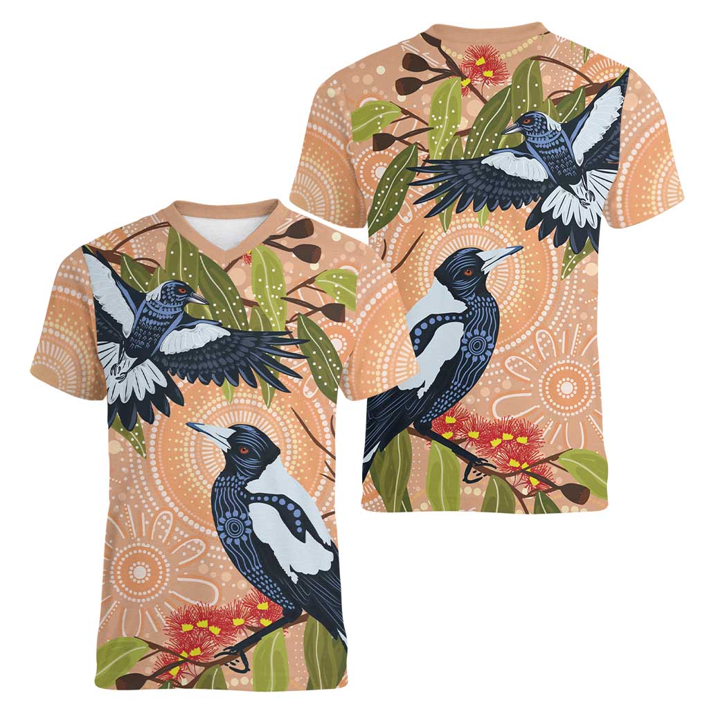 Magpies On Eucalyptus Australia Aboriginal Women V-Neck T-Shirt - Aussie Hoodie