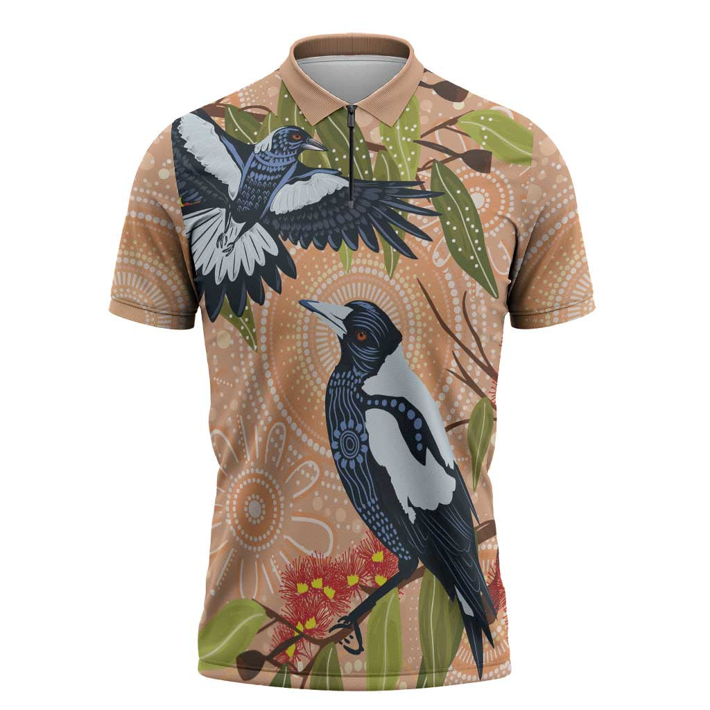 Magpies On Eucalyptus Australia Aboriginal Zipper Polo Shirt - Aussie Hoodie