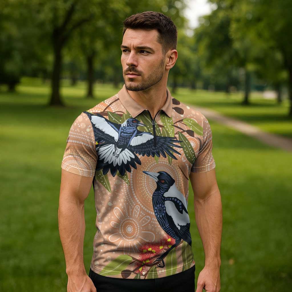Magpies On Eucalyptus Australia Aboriginal Zipper Polo Shirt - Aussie Hoodie