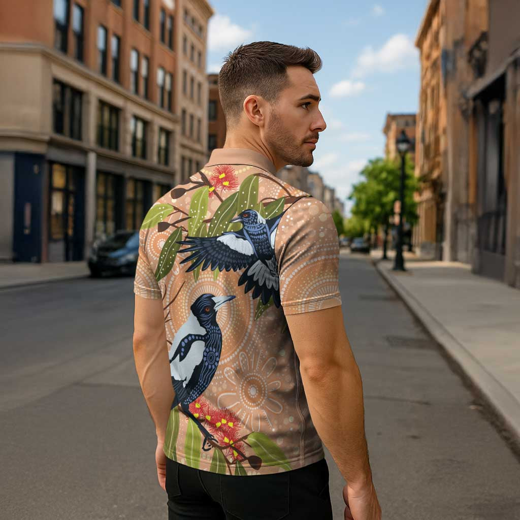 Magpies On Eucalyptus Australia Aboriginal Zipper Polo Shirt - Aussie Hoodie