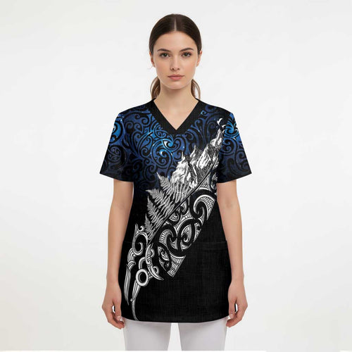 Maori Matariki Scrub Top Landscape Styled Fern - Galaxy - Aussie Hoodie