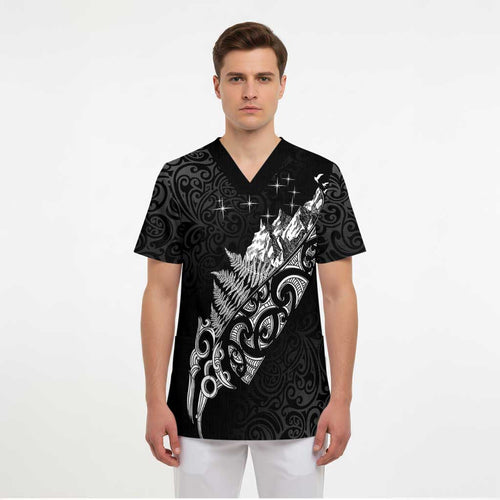 Maori Matariki Scrub Top Landscape Styled Fern - Monochrome - Aussie Hoodie