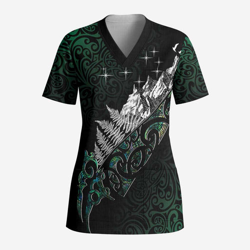 Maori Matariki Scrub Top Landscape Styled Fern - Paua Shell - Aussie Hoodie