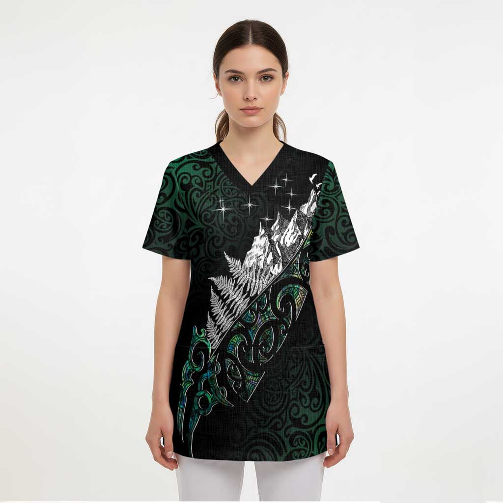 Maori Matariki Scrub Top Landscape Styled Fern - Paua Shell - Aussie Hoodie