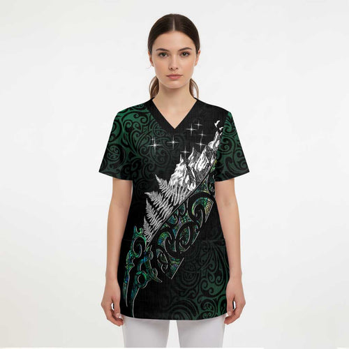 Maori Matariki Scrub Top Landscape Styled Fern - Paua Shell - Aussie Hoodie