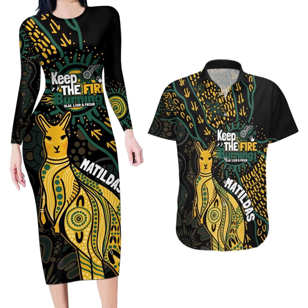 Australia Matildas Indigenous Couples Matching Long Sleeve Bodycon Dress and Hawaiian Shirt NAIDOC 2024 Keep The Fire Burning