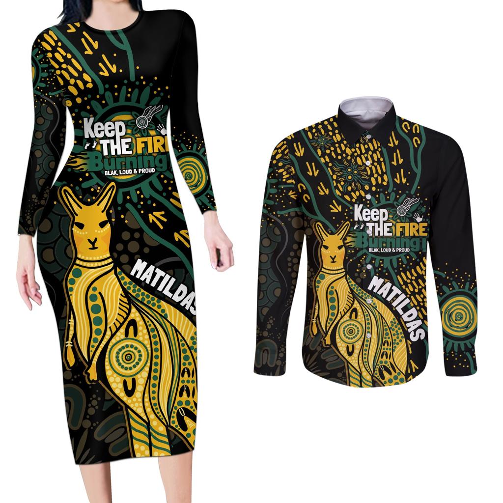 Australia Matildas Indigenous Couples Matching Long Sleeve Bodycon Dress and Long Sleeve Button Shirt NAIDOC 2024 Keep The Fire Burning