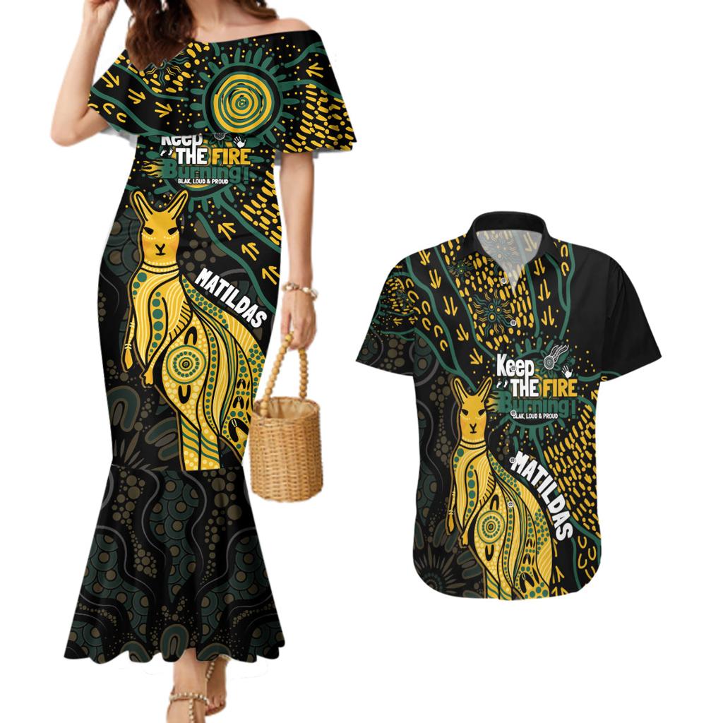 Australia Matildas Indigenous Couples Matching Mermaid Dress and Hawaiian Shirt NAIDOC 2024 Keep The Fire Burning
