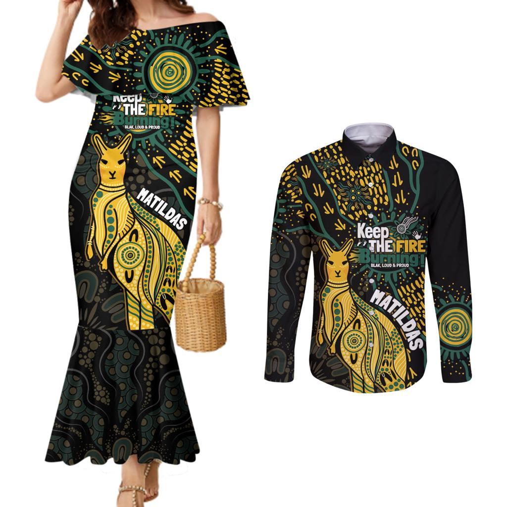 Australia Matildas Indigenous Couples Matching Mermaid Dress and Long Sleeve Button Shirt NAIDOC 2024 Keep The Fire Burning