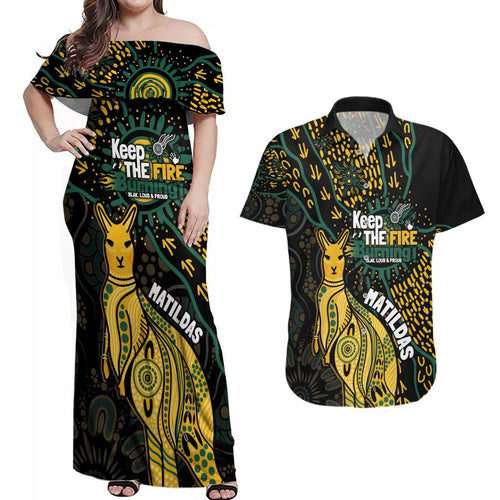 Australia Matildas Indigenous Couples Matching Off Shoulder Maxi Dress and Hawaiian Shirt NAIDOC 2024 Keep The Fire Burning