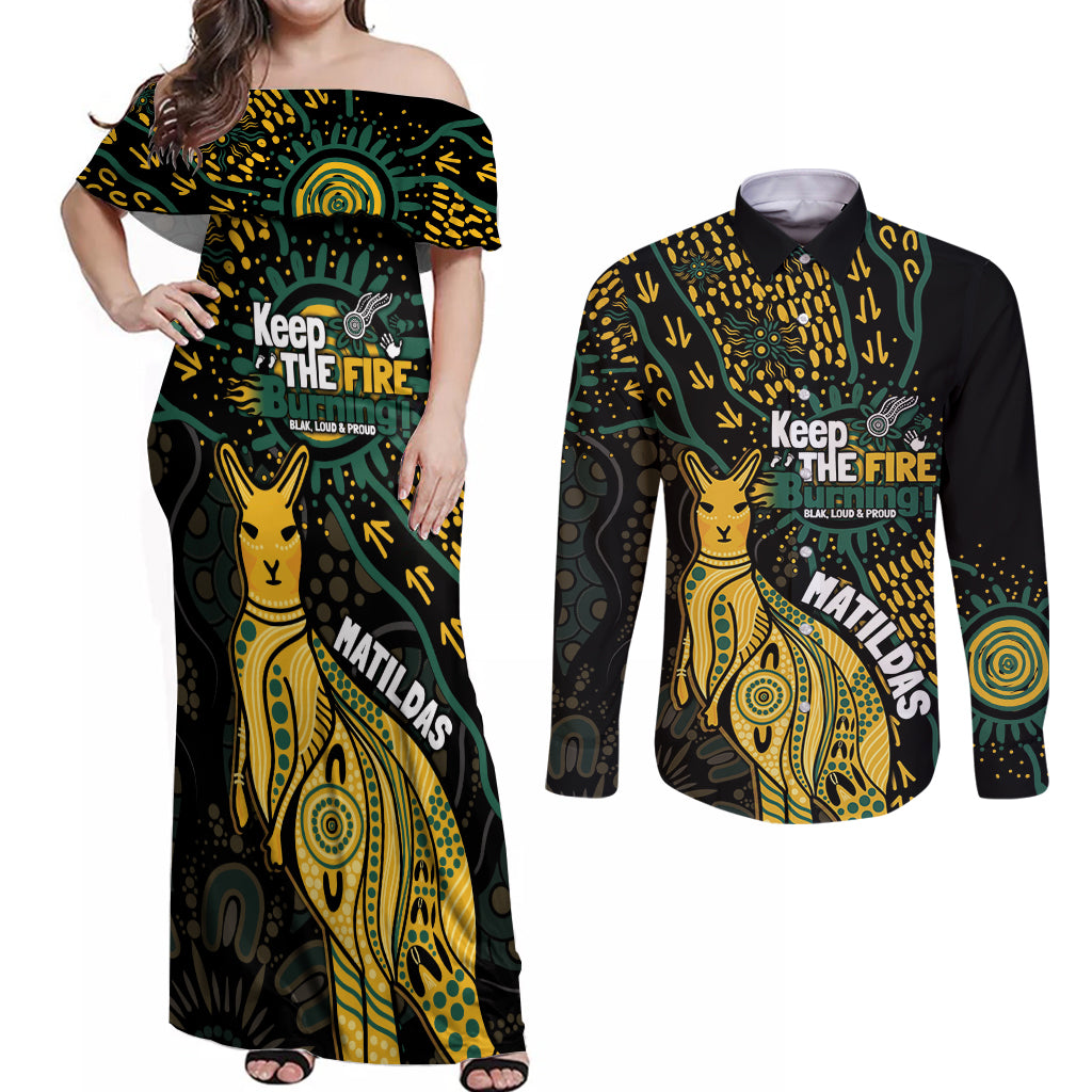 Australia Matildas Indigenous Couples Matching Off Shoulder Maxi Dress and Long Sleeve Button Shirt NAIDOC 2024 Keep The Fire Burning