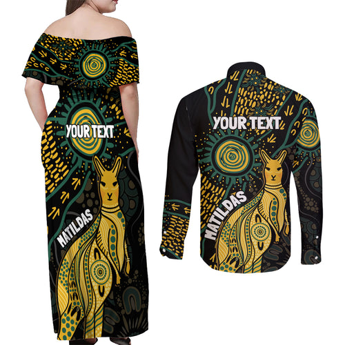 Australia Matildas Indigenous Couples Matching Off Shoulder Maxi Dress and Long Sleeve Button Shirt NAIDOC 2024 Keep The Fire Burning