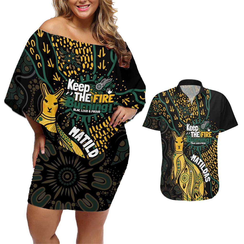 Australia Matildas Indigenous Couples Matching Off Shoulder Short Dress and Hawaiian Shirt NAIDOC 2024 Keep The Fire Burning