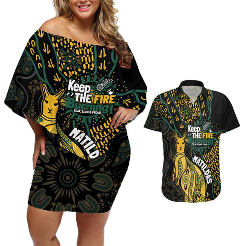 Australia Matildas Indigenous Couples Matching Off Shoulder Short Dress and Hawaiian Shirt NAIDOC 2024 Keep The Fire Burning
