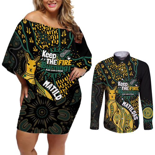 Australia Matildas Indigenous Couples Matching Off Shoulder Short Dress and Long Sleeve Button Shirt NAIDOC 2024 Keep The Fire Burning