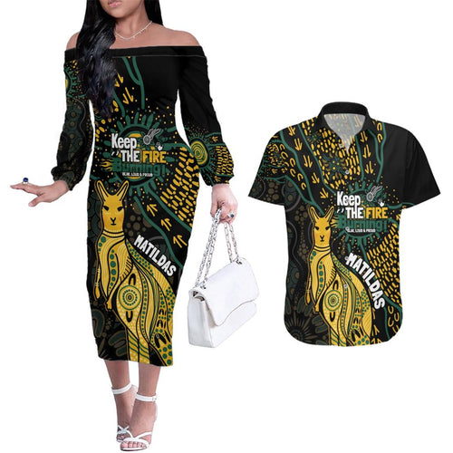Australia Matildas Indigenous Couples Matching Off The Shoulder Long Sleeve Dress and Hawaiian Shirt NAIDOC 2024 Keep The Fire Burning