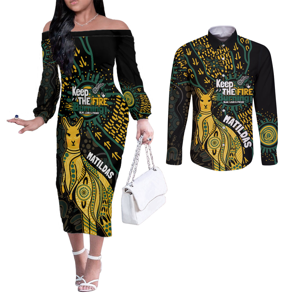 Australia Matildas Indigenous Couples Matching Off The Shoulder Long Sleeve Dress and Long Sleeve Button Shirt NAIDOC 2024 Keep The Fire Burning