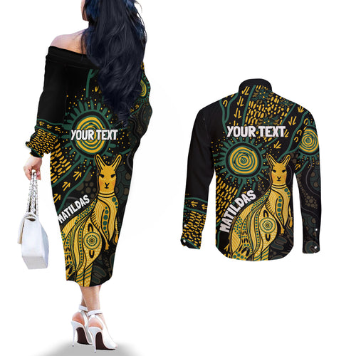 Australia Matildas Indigenous Couples Matching Off The Shoulder Long Sleeve Dress and Long Sleeve Button Shirt NAIDOC 2024 Keep The Fire Burning