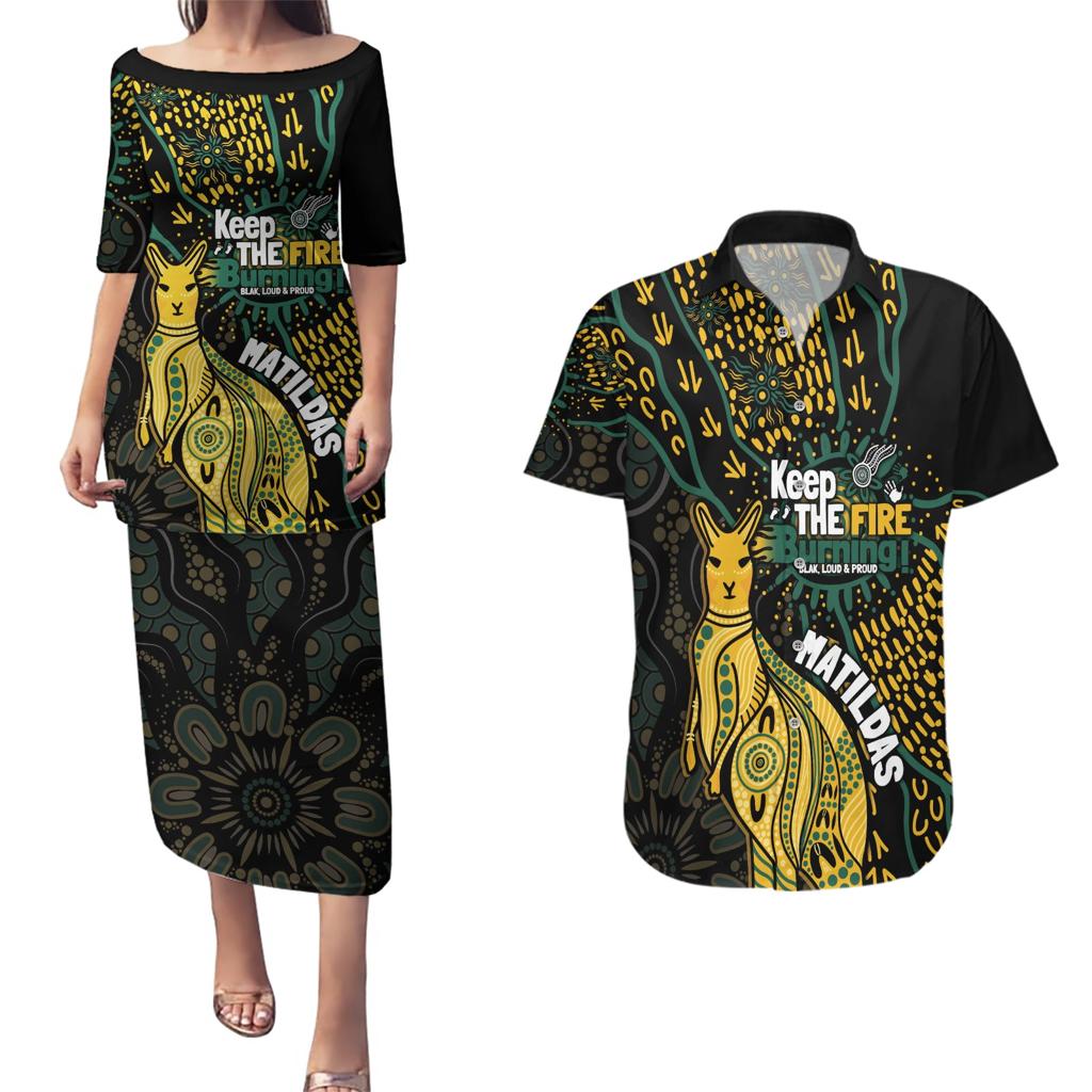 Australia Matildas Indigenous Couples Matching Puletasi and Hawaiian Shirt NAIDOC 2024 Keep The Fire Burning
