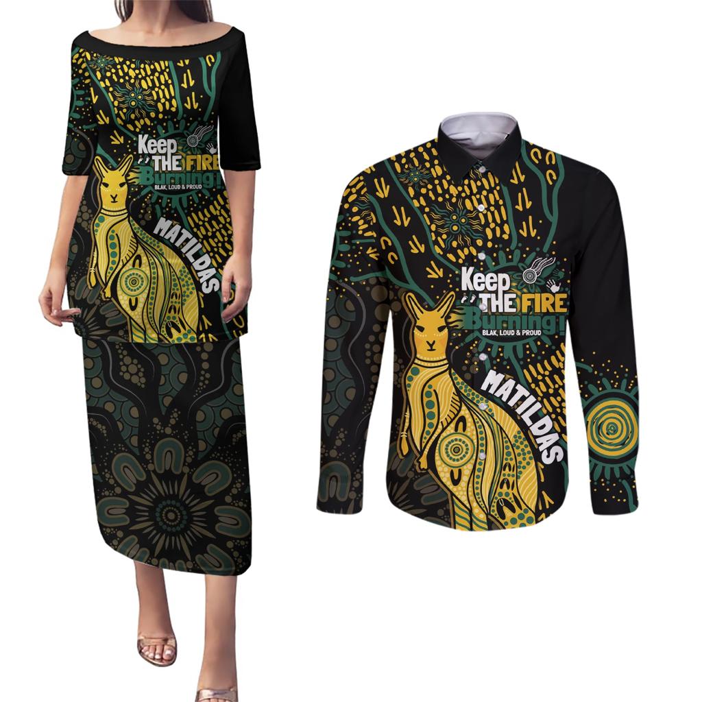 Australia Matildas Indigenous Couples Matching Puletasi and Long Sleeve Button Shirt NAIDOC 2024 Keep The Fire Burning