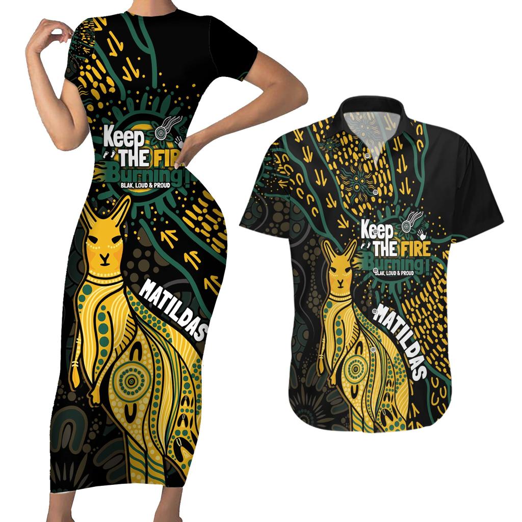 Australia Matildas Indigenous Couples Matching Short Sleeve Bodycon Dress and Hawaiian Shirt NAIDOC 2024 Keep The Fire Burning