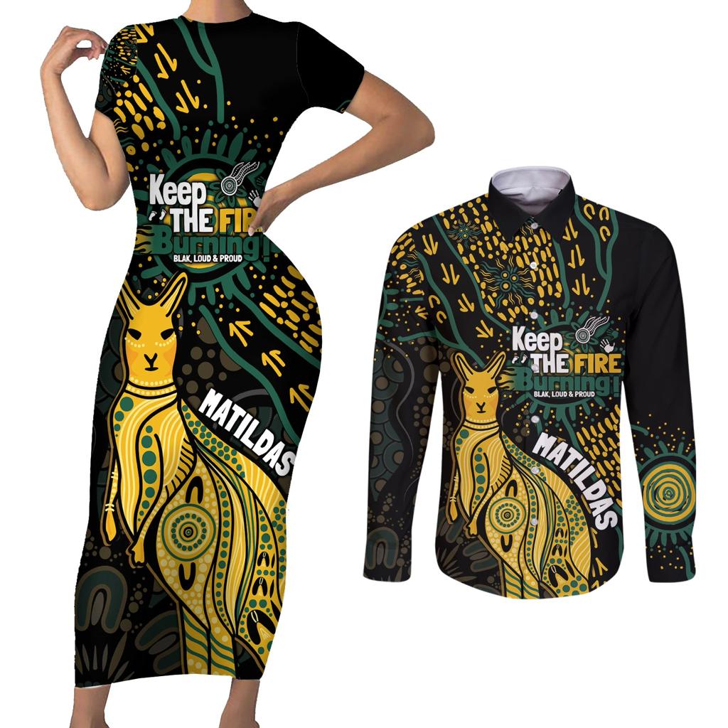Australia Matildas Indigenous Couples Matching Short Sleeve Bodycon Dress and Long Sleeve Button Shirt NAIDOC 2024 Keep The Fire Burning