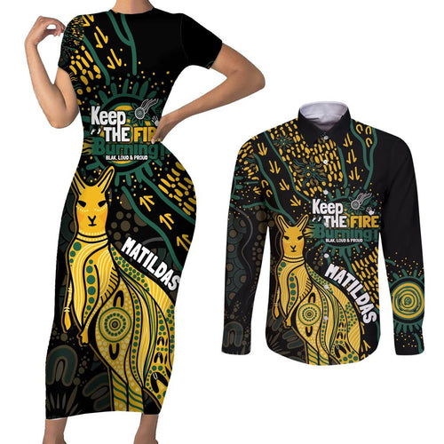 Australia Matildas Indigenous Couples Matching Short Sleeve Bodycon Dress and Long Sleeve Button Shirt NAIDOC 2024 Keep The Fire Burning