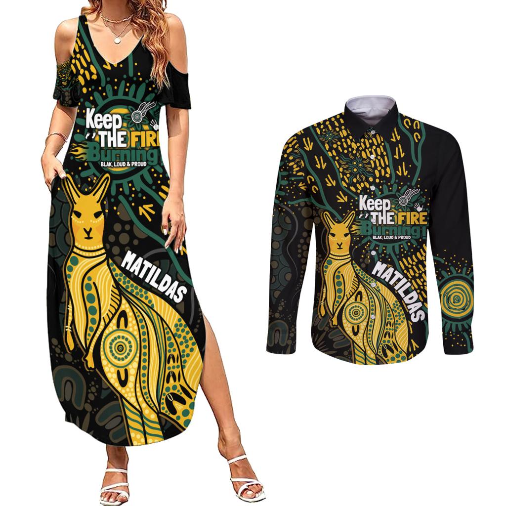 Australia Matildas Indigenous Couples Matching Summer Maxi Dress and Long Sleeve Button Shirt NAIDOC 2024 Keep The Fire Burning