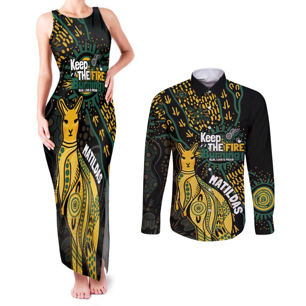 Australia Matildas Indigenous Couples Matching Tank Maxi Dress and Long Sleeve Button Shirt NAIDOC 2024 Keep The Fire Burning