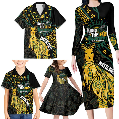 Australia Matildas Indigenous Family Matching Long Sleeve Bodycon Dress and Hawaiian Shirt NAIDOC 2024 Keep The Fire Burning