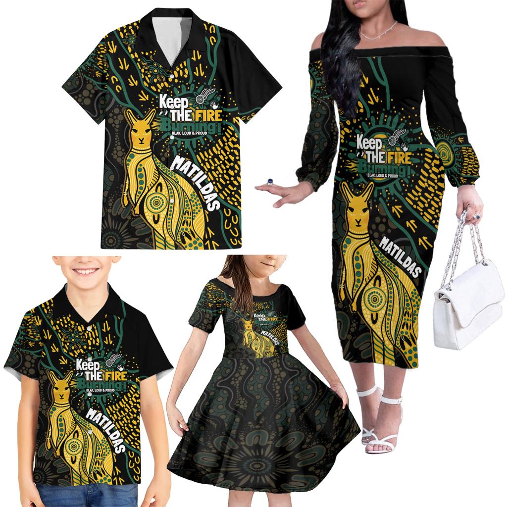Australia Matildas Indigenous Family Matching Off The Shoulder Long Sleeve Dress and Hawaiian Shirt NAIDOC 2024 Keep The Fire Burning