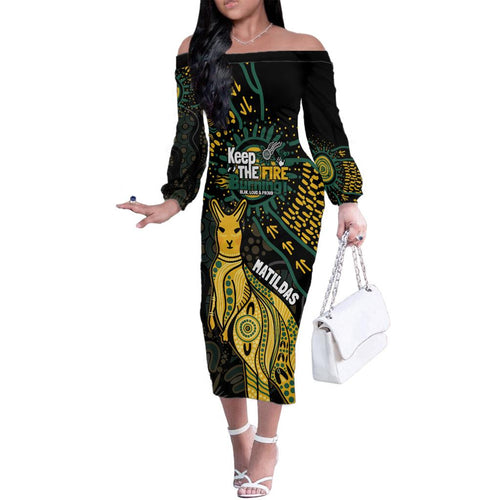 Australia Matildas Indigenous Family Matching Off The Shoulder Long Sleeve Dress and Hawaiian Shirt NAIDOC 2024 Keep The Fire Burning