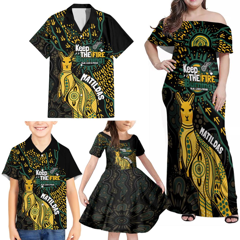 Australia Matildas Indigenous Family Matching Off Shoulder Maxi Dress and Hawaiian Shirt NAIDOC 2024 Keep The Fire Burning