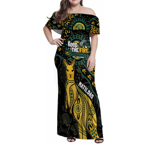 Australia Matildas Indigenous Family Matching Off Shoulder Maxi Dress and Hawaiian Shirt NAIDOC 2024 Keep The Fire Burning