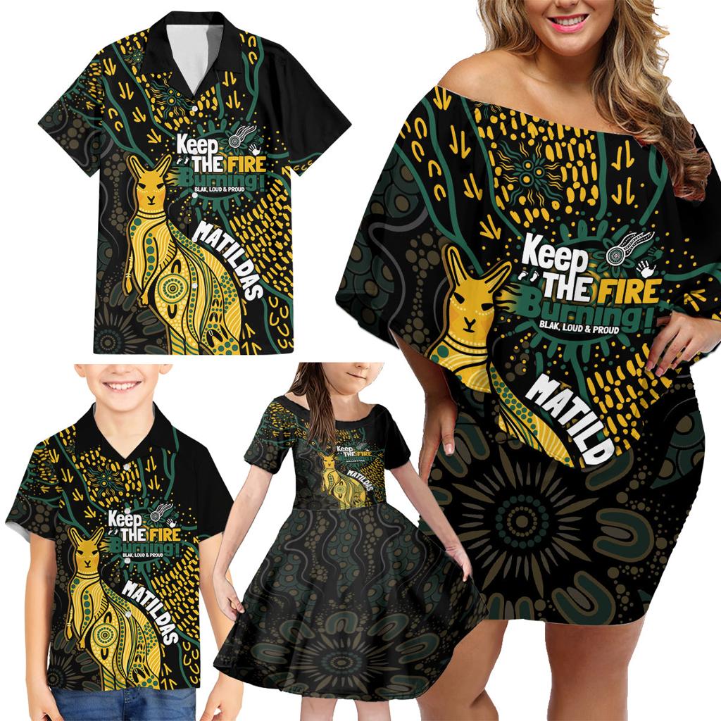 Australia Matildas Indigenous Family Matching Off Shoulder Short Dress and Hawaiian Shirt NAIDOC 2024 Keep The Fire Burning