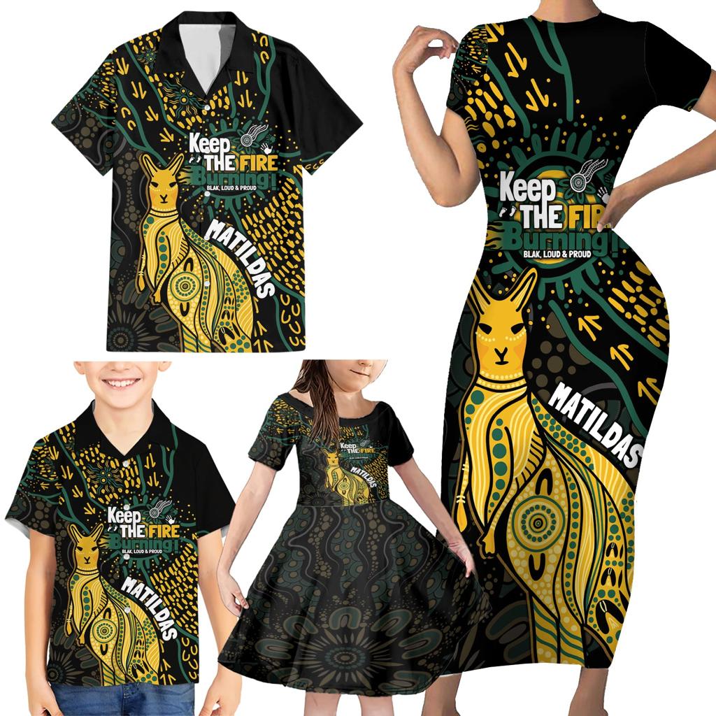 Australia Matildas Indigenous Family Matching Short Sleeve Bodycon Dress and Hawaiian Shirt NAIDOC 2024 Keep The Fire Burning