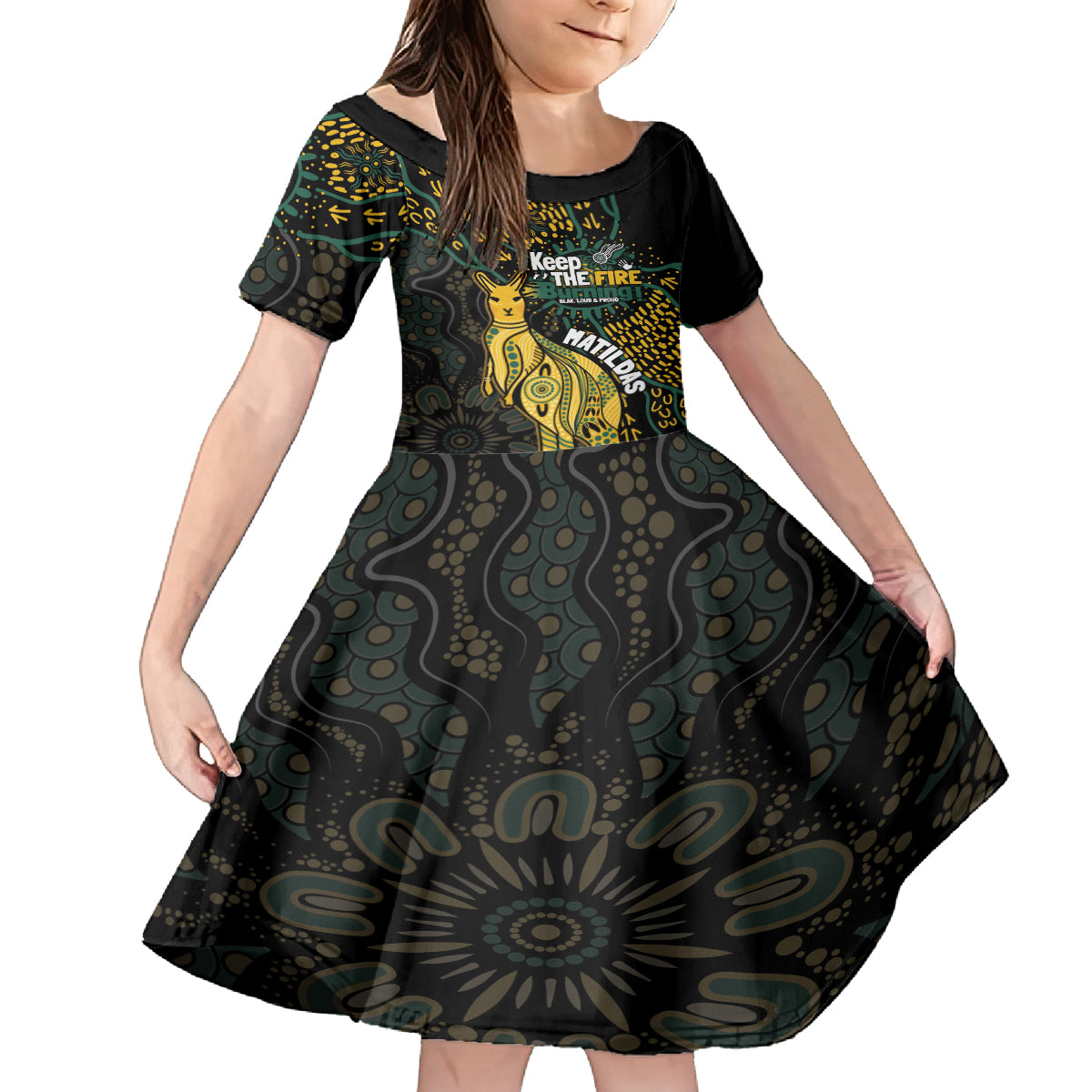 Australia Matildas Indigenous Kid Short Sleeve Dress NAIDOC 2024 Keep The Fire Burning