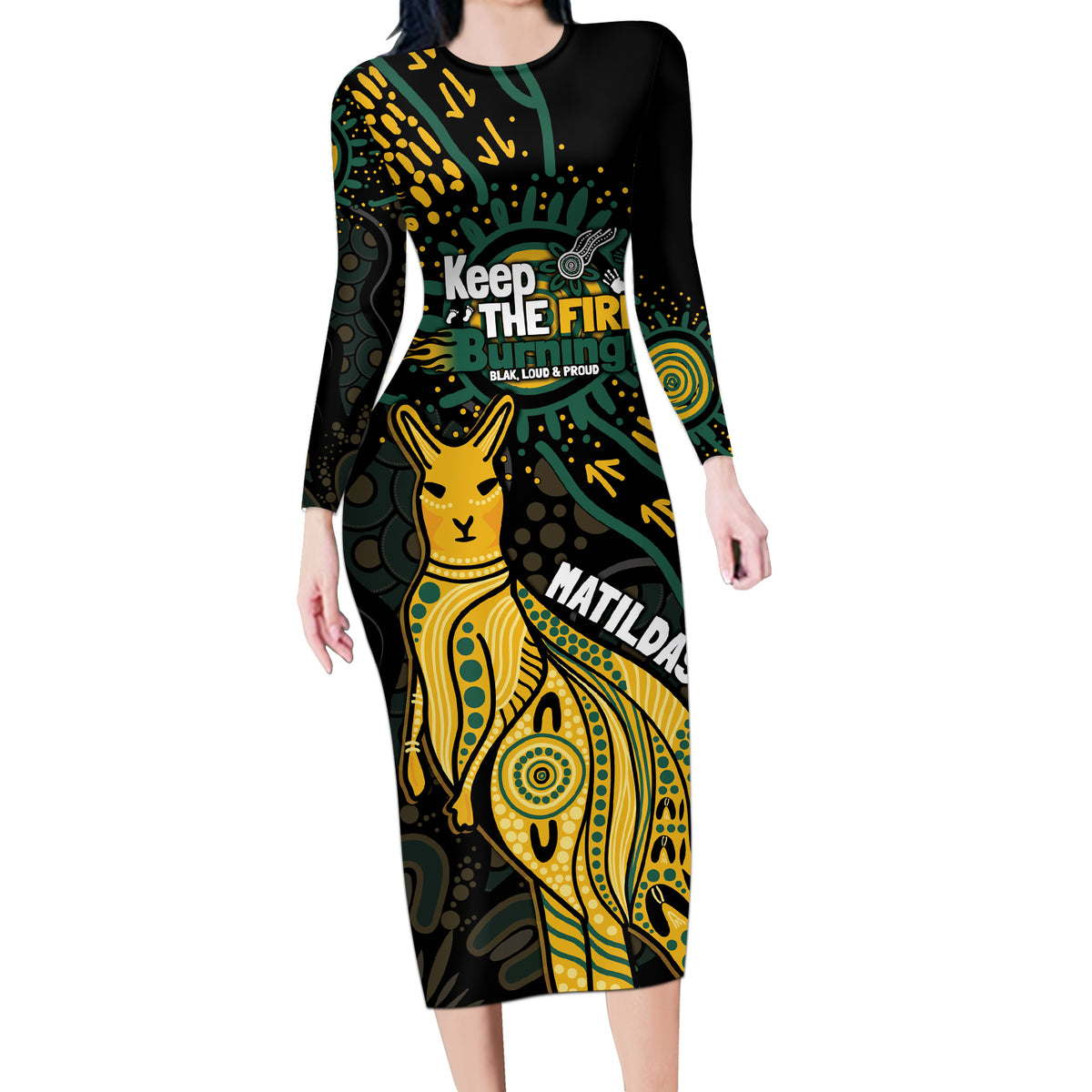 Australia Matildas Indigenous Long Sleeve Bodycon Dress NAIDOC 2024 Keep The Fire Burning
