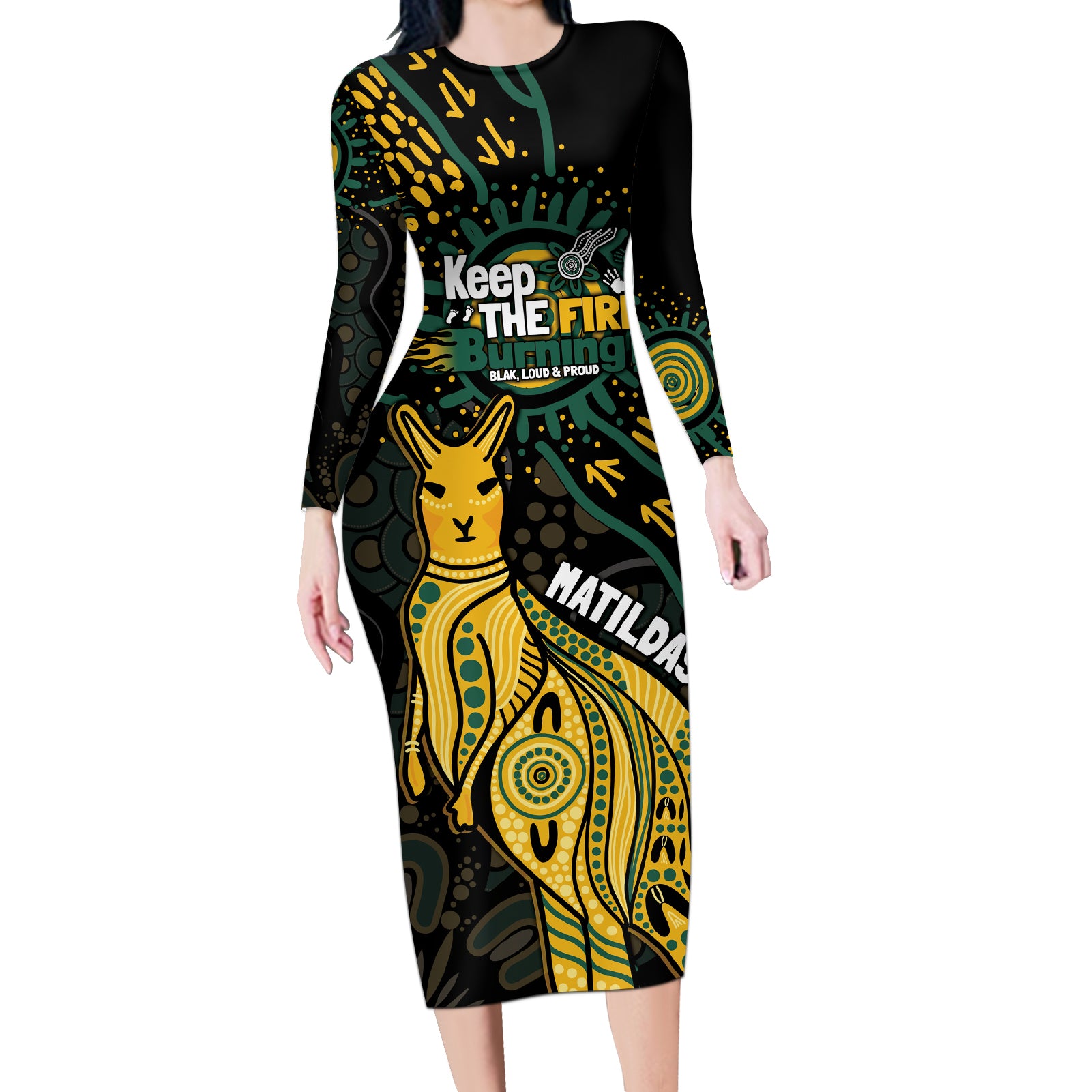 Australia Matildas Indigenous Long Sleeve Bodycon Dress NAIDOC 2024 Keep The Fire Burning