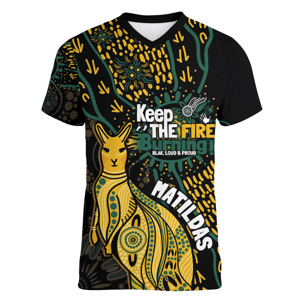 Australia Matildas Indigenous Women V-Neck T-Shirt NAIDOC 2024 Keep The Fire Burning