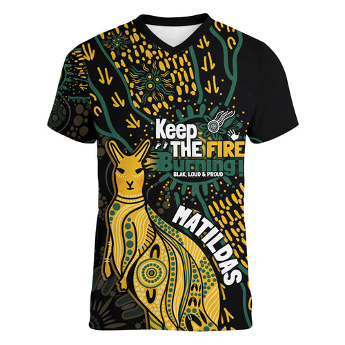 Australia Matildas Indigenous Women V-Neck T-Shirt NAIDOC 2024 Keep The Fire Burning