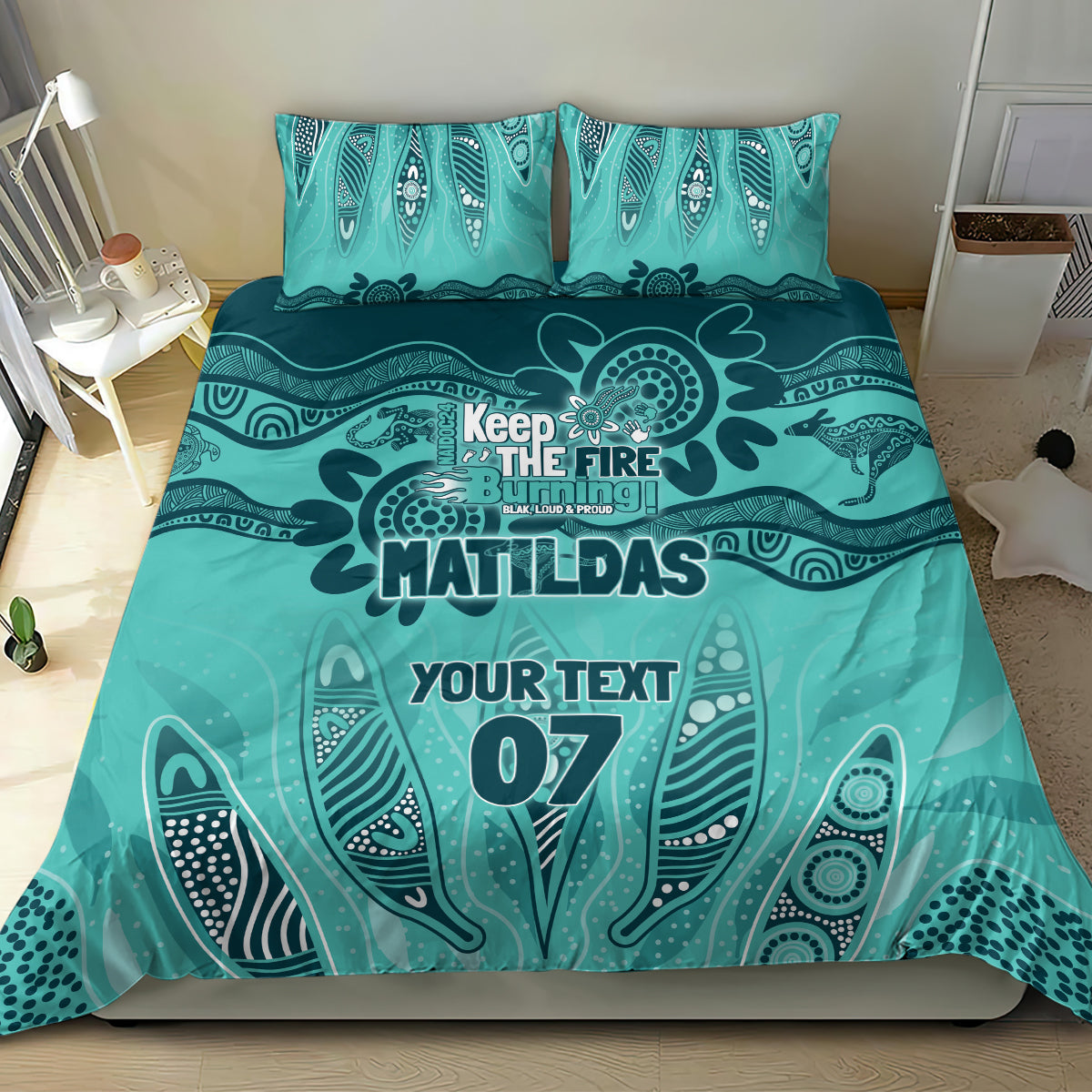 Australia Matildas Indigenous Bedding Set NAIDOC 2024 Turquoise Color
