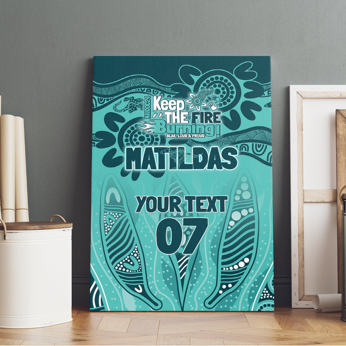 Australia Matildas Indigenous Canvas Wall Art NAIDOC 2024 Turquoise Color