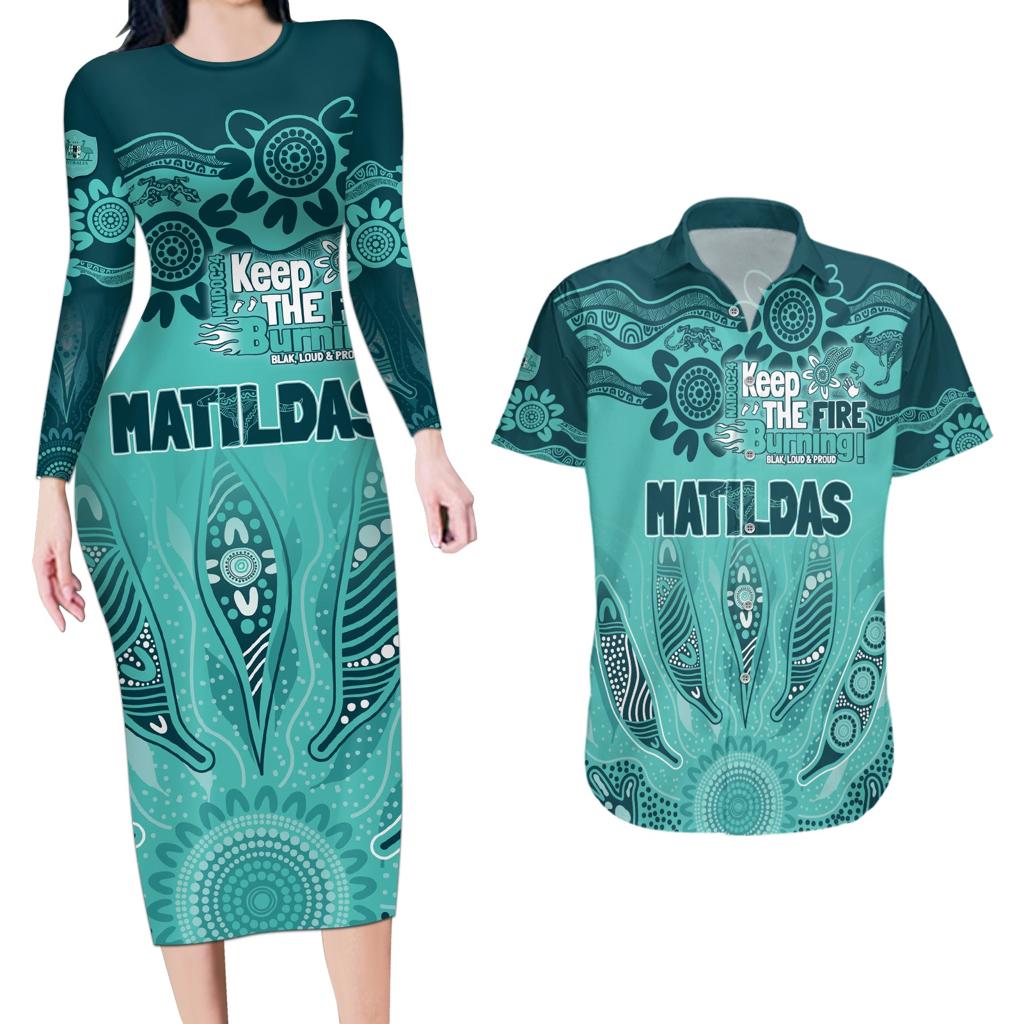 Australia Matildas Indigenous Couples Matching Long Sleeve Bodycon Dress and Hawaiian Shirt NAIDOC 2024 Turquoise Color