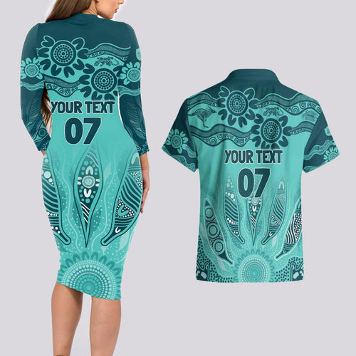 Australia Matildas Indigenous Couples Matching Long Sleeve Bodycon Dress and Hawaiian Shirt NAIDOC 2024 Turquoise Color