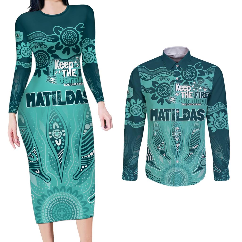 Australia Matildas Indigenous Couples Matching Long Sleeve Bodycon Dress and Long Sleeve Button Shirt NAIDOC 2024 Turquoise Color